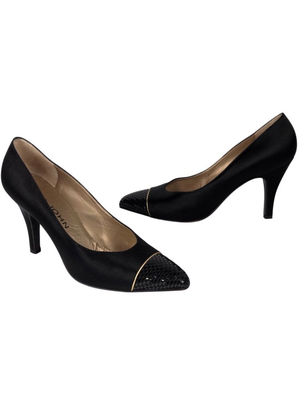St. John Black Satin Pumps W/ Gold Accent Textured Cap Toe Sz 9.5 Italian Made